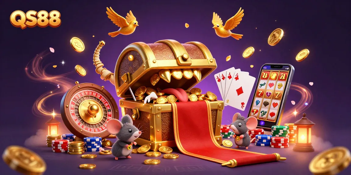 Catch exciting wins at QS88 with vibrant slot machines, glowing poker chips, and dynamic treasures.