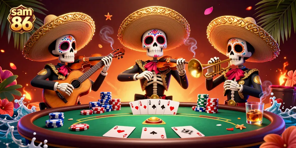 Engage with the vibrant action at sam 86 with a dynamic illustration of a mariachi band at a poker table.