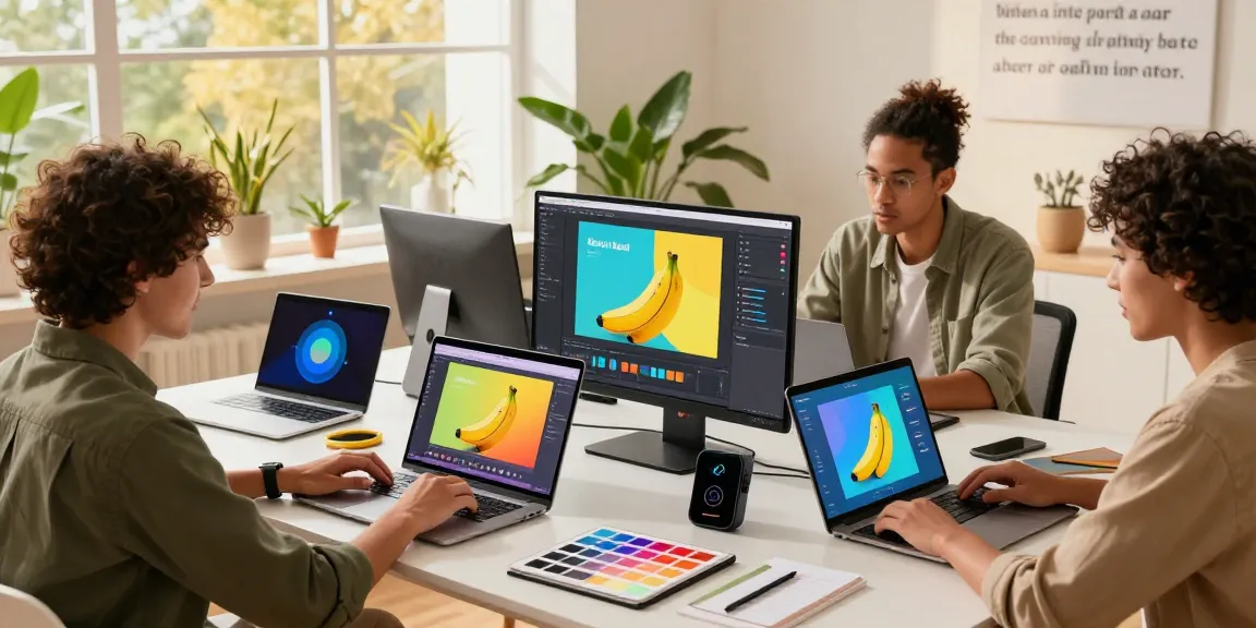 Collaborative workspace featuring creators using the nano banana AI editor to produce vibrant digital artwork in a bright environment.