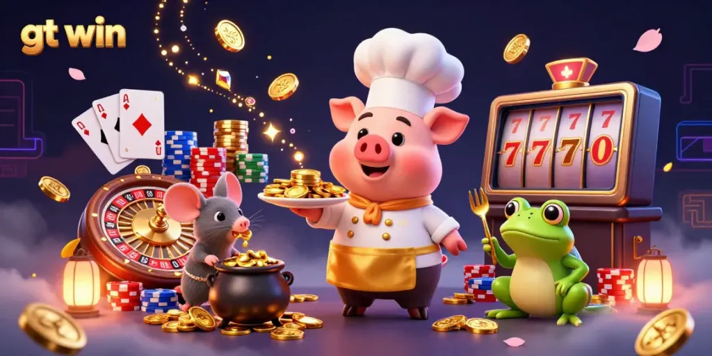 Join the lively scene at gt win with a chef pig and team celebrating casino fortune with gold coins and games.