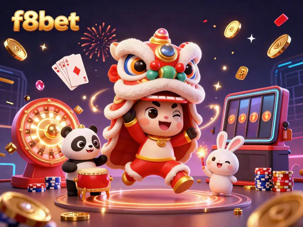 Experience exciting gameplay at f8bet with vibrant characters and casino elements in this festive 3D illustration.