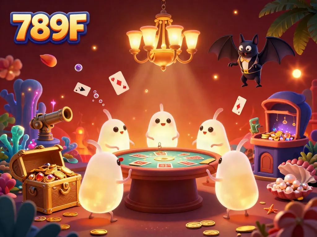 Experience the excitement at 789F with a glowworm-lit casino scene filled with vibrant games and treasures.