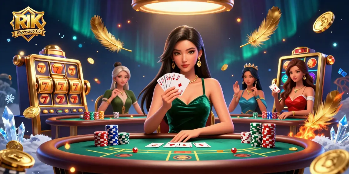 Play at Rikvipclub Co's poker table featuring a beautiful dealer surrounded by slot reels and golden coins.