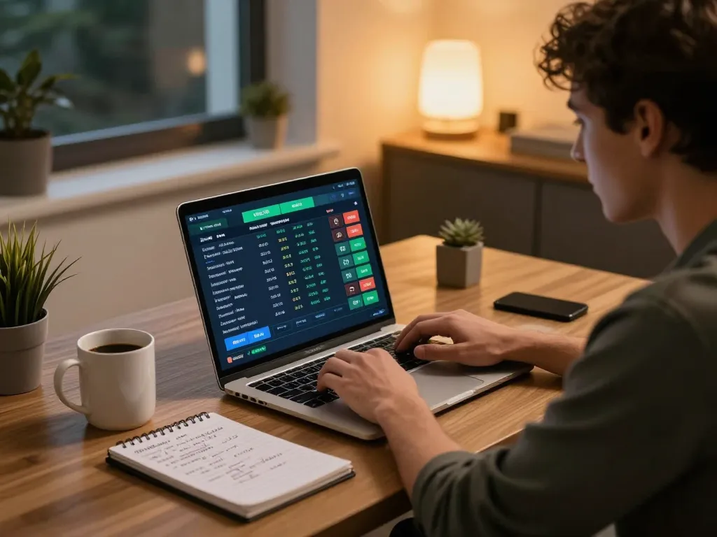 Engaged user checking Daga betting odds on a laptop, showcasing sports betting strategy in a modern home office