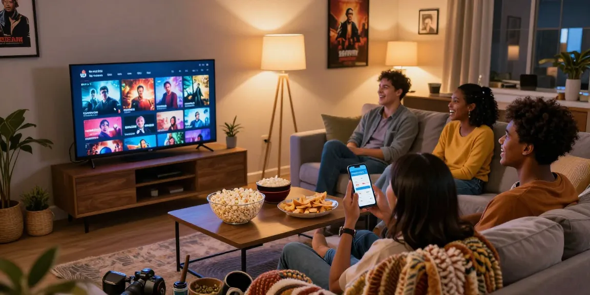 Friends enjoying a movie night on FilmyZilla app in a cozy living room.