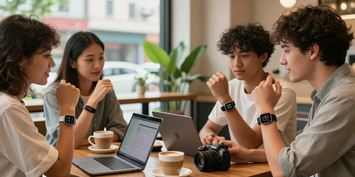 Friends discussing smart rings at a café, showcasing health tracking features and stylish designs.