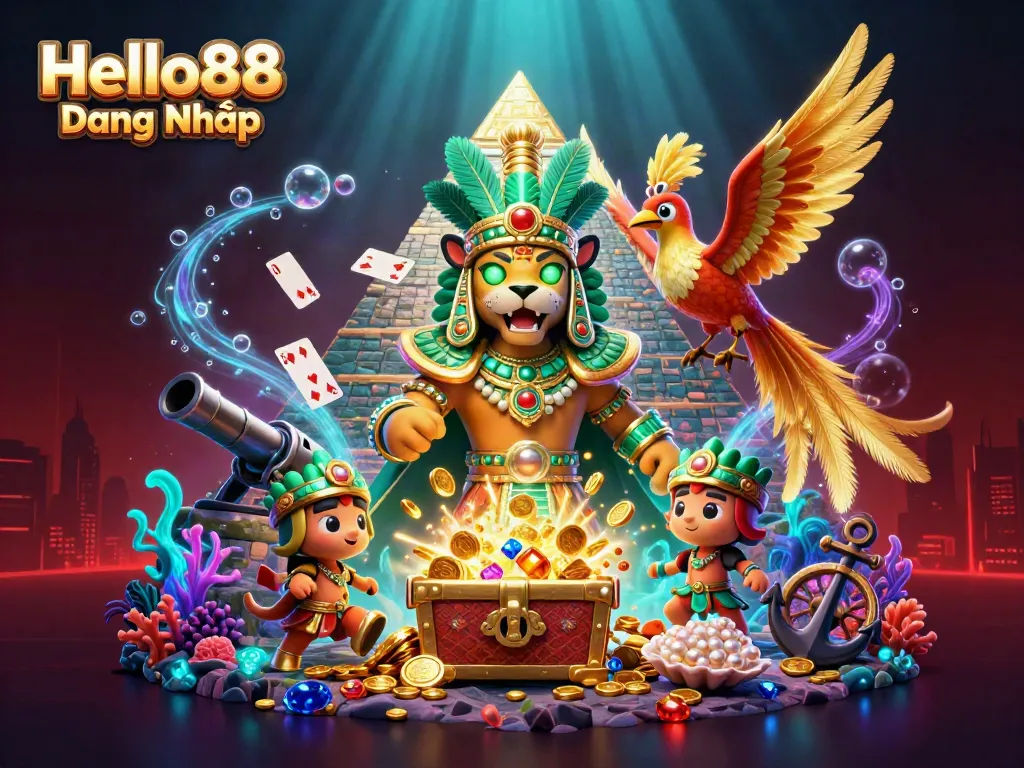 Engage with thrilling games at Hello88 Đăng Nhập showcasing a vibrant Mayan jaguar and quetzal bird in an exhilarating casino environment.