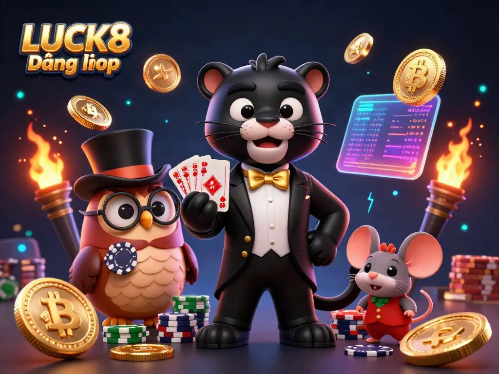 Experience LUCK8 Đăng nhập with a captivating 3D scene featuring a tuxedo-clad panther, poker-playing owl, and lucky mouse amidst vibrant casino elements.