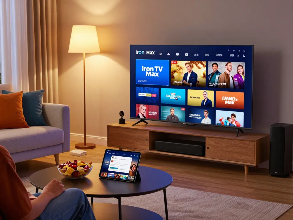 Profiter du streaming d'Iron TV Max sur Smart TV dans un salon confortable en soirée avec des collations et une tablette.