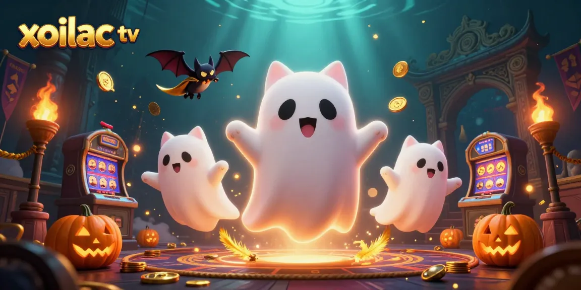 Xoilac TV features a friendly ghost cat player winning big with vibrant casino elements in an enchanting scene.