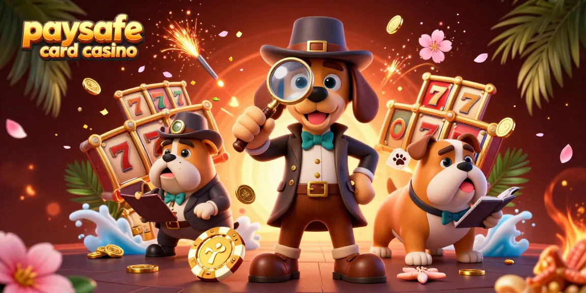 Fesselnde Illustration, die Paysafe Card Casino-Charaktere zeigt, die einen Schatz mit lebhaften Spielautomaten-Symbolen erkunden.