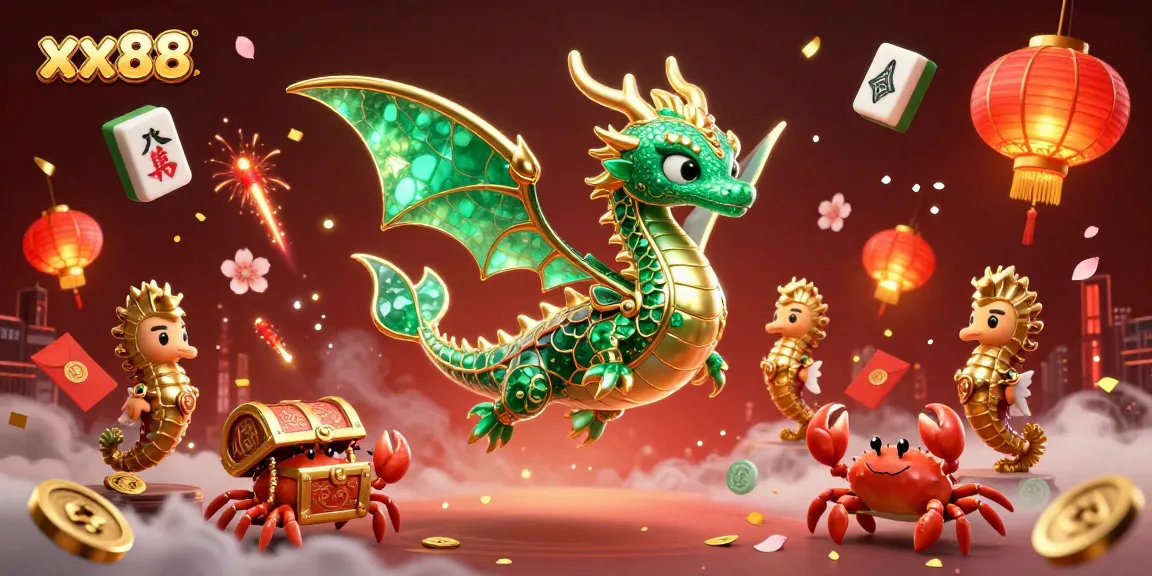 xx88 casino scene with a majestic sea dragon, gold treasures, and festive elements