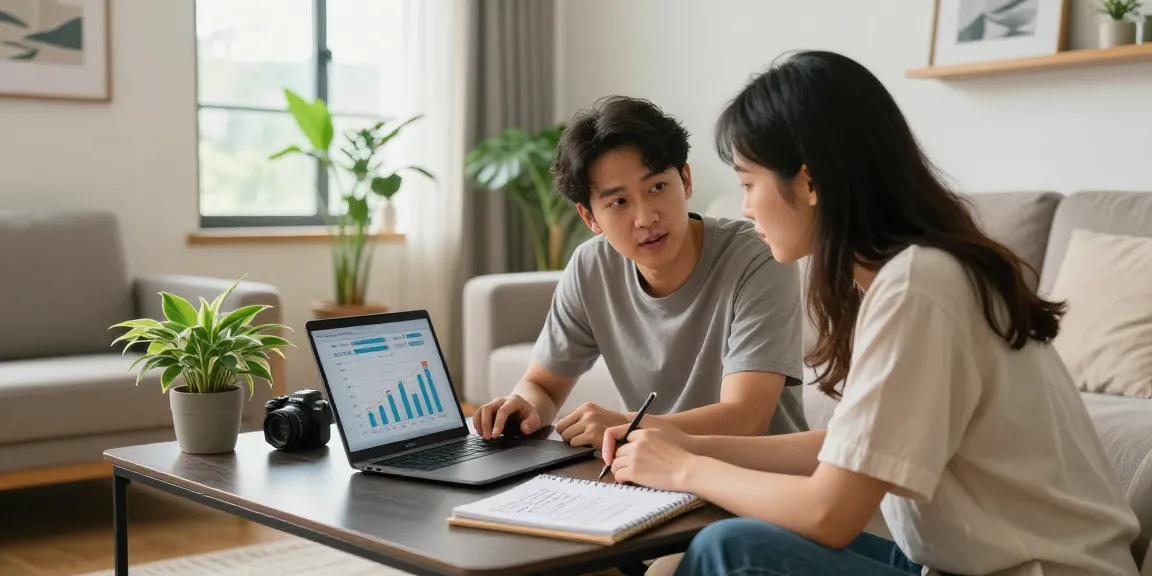 Cálculo hipoteca in a modern living room as a couple engages in financial planning.