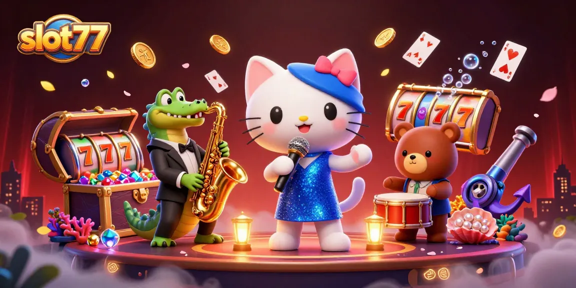 Experience the excitement of slot77 casino gaming with a unique 3D illustration showcasing vibrant characters and dynamic elements.