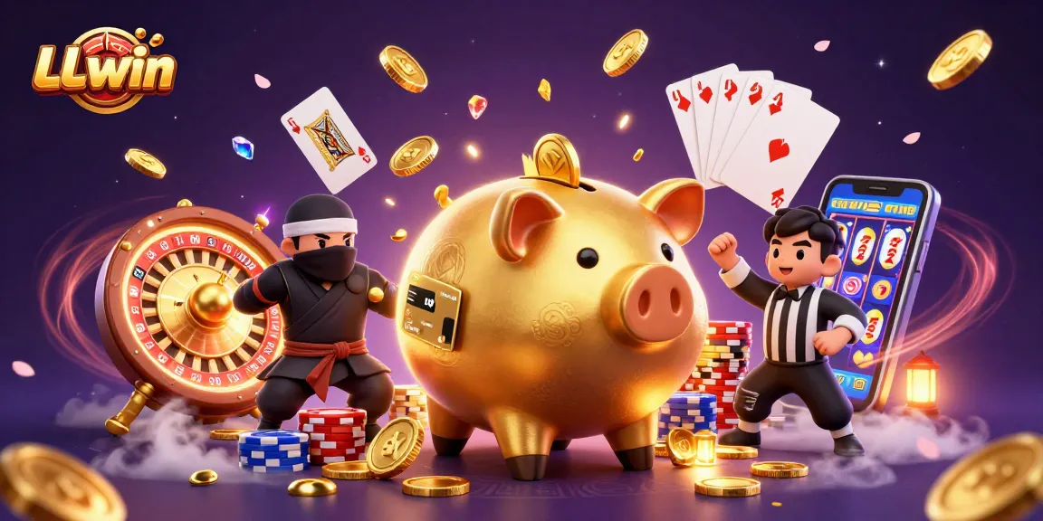 LLwin offers thrilling gaming action with a vibrant golden piggy bank character and dynamic casino elements.