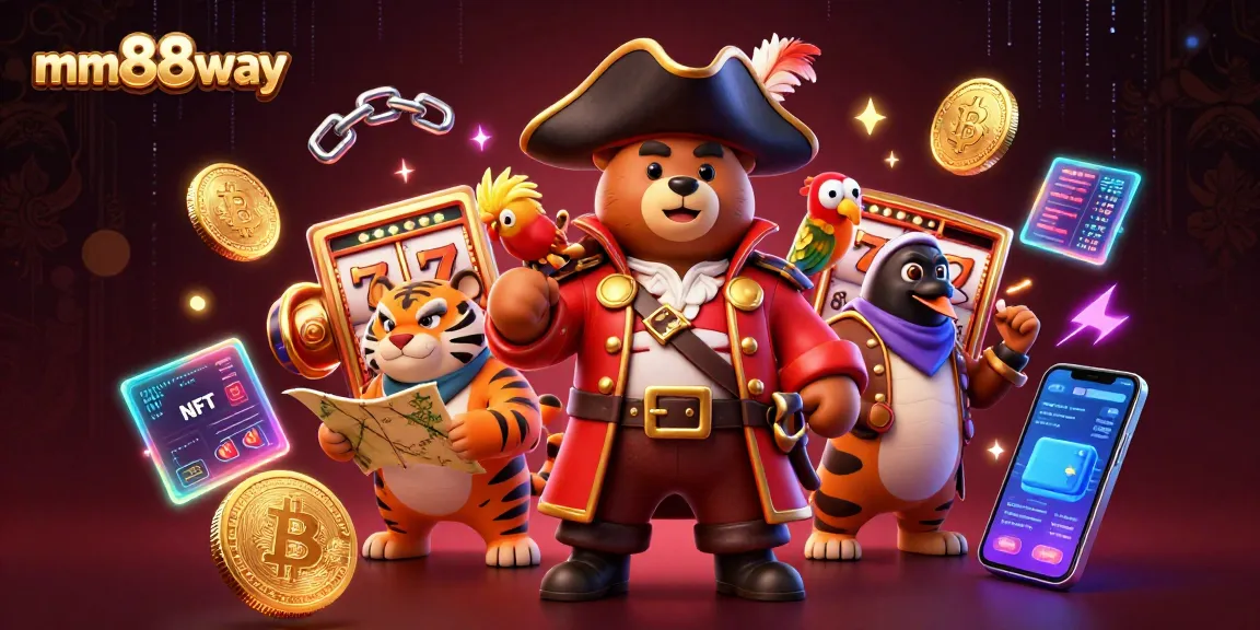 Spin jackpots at mm88way with a vibrant 3D casino scene featuring fantasy characters and colorful slot elements.