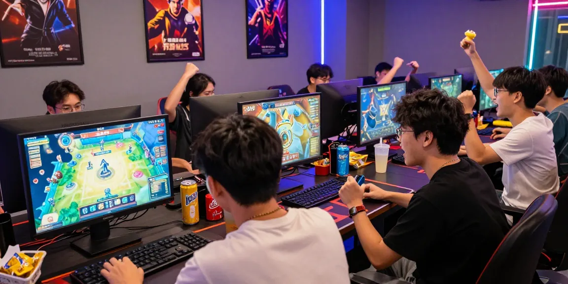Group of friends enjoying a game bài đổi thưởng in a modern gaming lounge with vibrant decor.