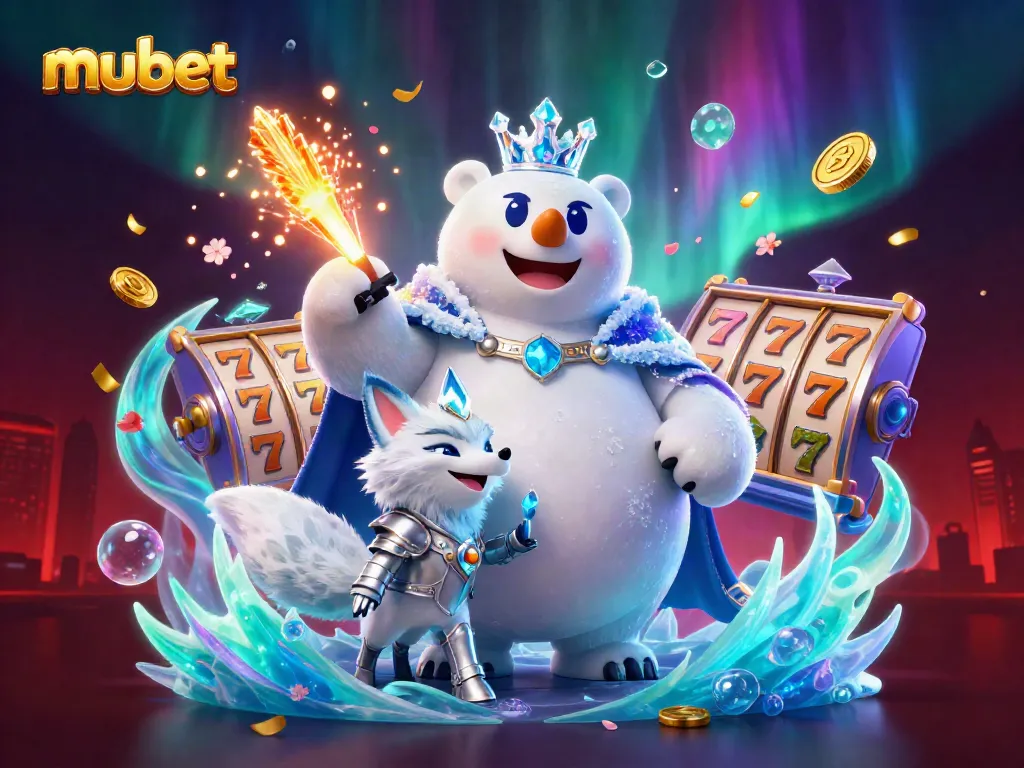 Engage with mubet: a thrilling casino adventure featuring a beautifully illustrated polar bear and fox amidst dynamic slot elements.