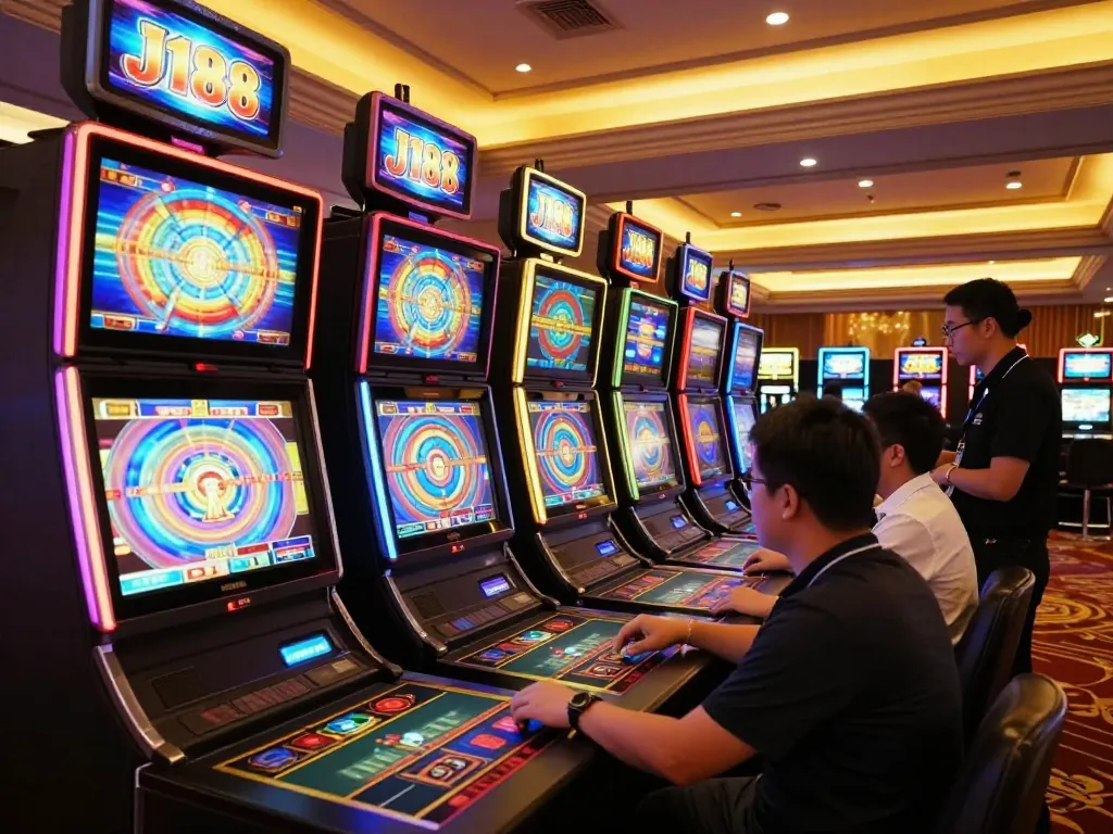 Players enjoying vibrant slot machines at J188 casino, showcasing excitement and engagement.