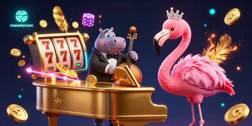 Experience the lively rosewaterroom casino scene with a singing flamingo and a hippo bassist.