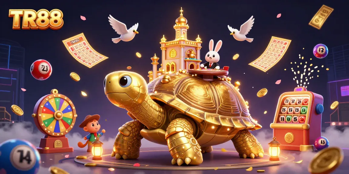 Engage in thrilling gaming at TR88 with a vibrant casino scene featuring a tortoise casino and a rabbit dealer.
