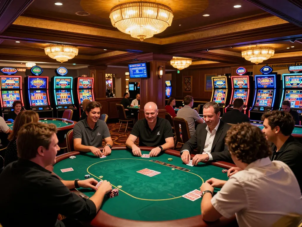 RR88 players enjoy an exciting poker game on the lively casino floor.