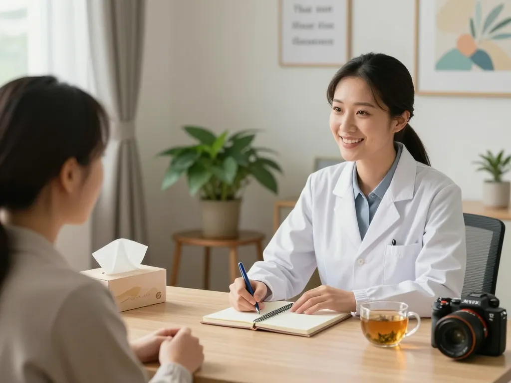 Psychologist providing empathetic support to a patient discussing 焦慮症 symptoms in a cozy mental health clinic.