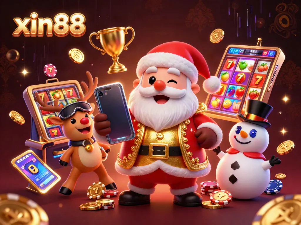 Experience the excitement of xin88 with Santa and friends celebrating jackpots in a vibrant casino.