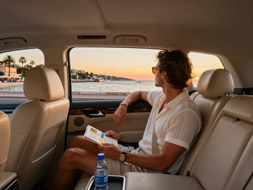 Taxi Saint-Tropez - Trajet luxueux au coucher du soleil, mettant en valeur un intérieur élégant et des vues côtières.