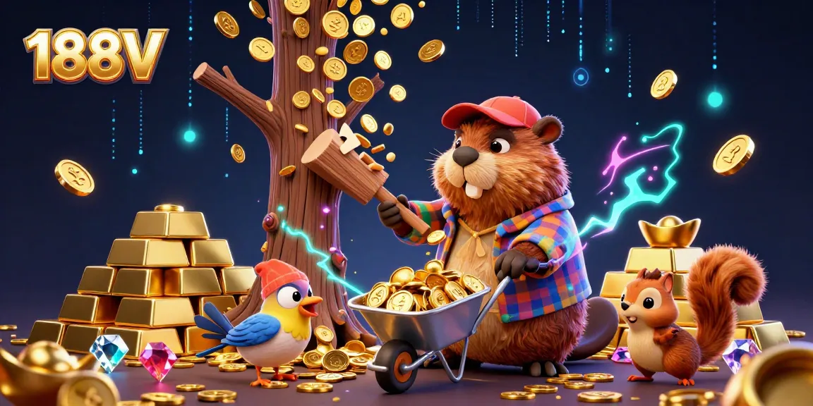 188V attracts players with exciting gambling, showcasing golden coins raining down and lively characters.