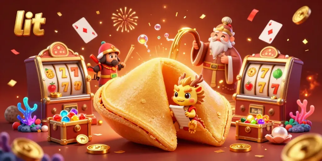 Spin to win with lit-themed fortune cookie casino illustration filled with vibrant symbols.