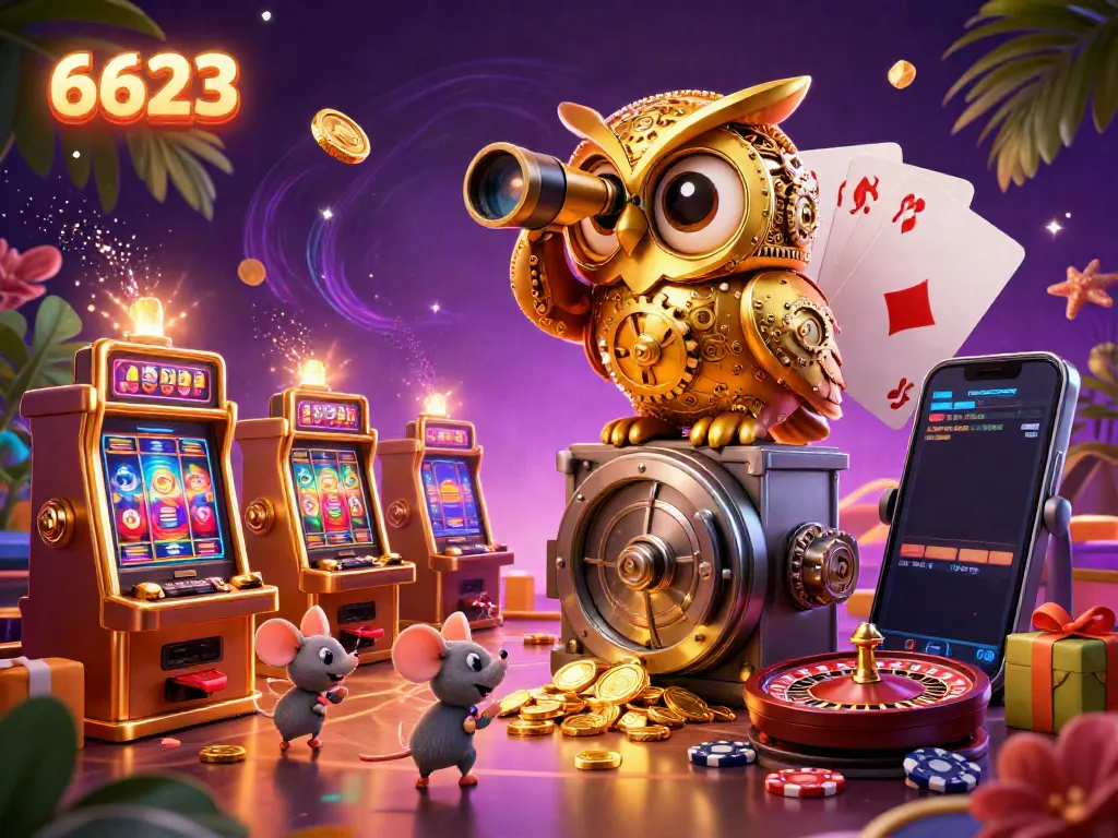 Experience the thrilling world of 6623 casino through a vibrant 3D illustration showcasing captivating games and characters in action.