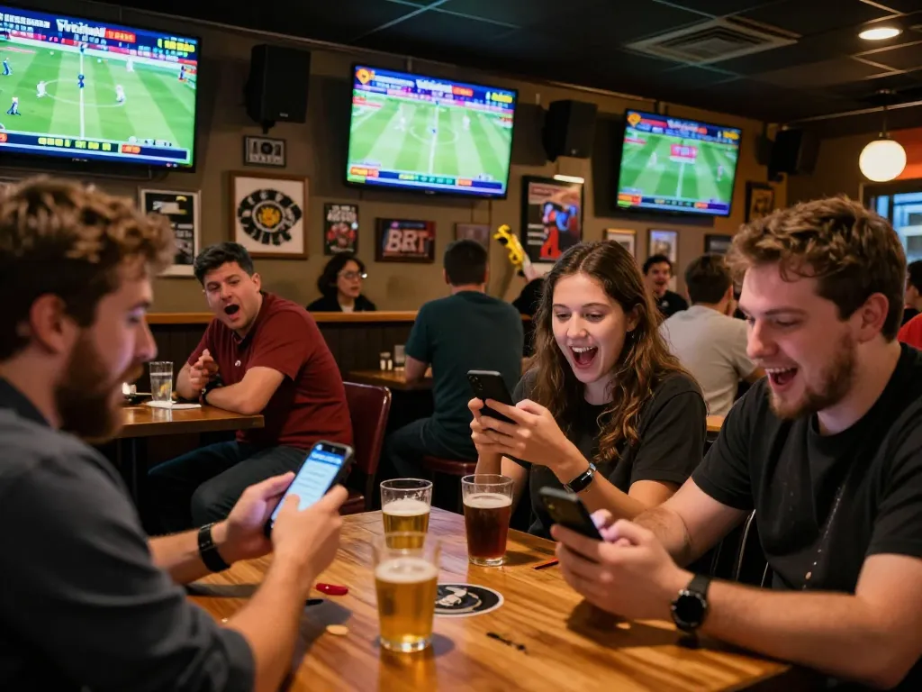 Fans engaging with keonhacai sports betting, analyzing odds and celebrating wins at a vibrant sports bar.
