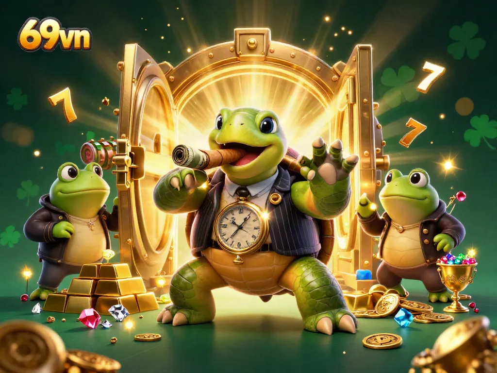The 69vn mascot, a snapping turtle in a vintage suit, surrounded by slot machine elements and gold, creating a lively casino experience.