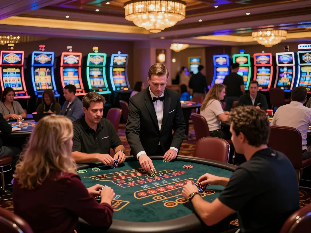 Players enjoying gaming action at 9bet casino, engaging in thrilling roulette and blackjack games in a vibrant atmosphere.