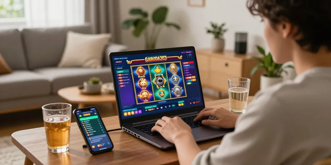 Engaged player enjoying GARUDA303 online slot game on laptop in cozy home setting.