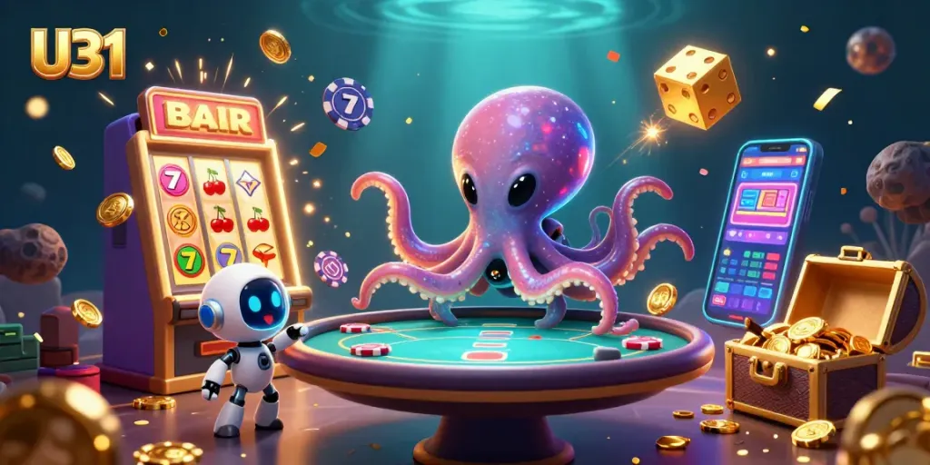 U31 offers thrilling casino action with an alien octopus at a holographic poker table amidst vibrant slot machine wins.