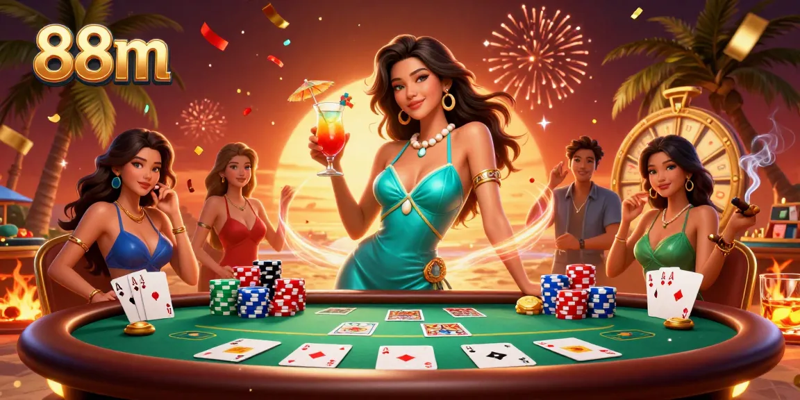 Experience thrilling moments with 88m in this vibrant beach casino scene featuring a glamorous Asian woman.