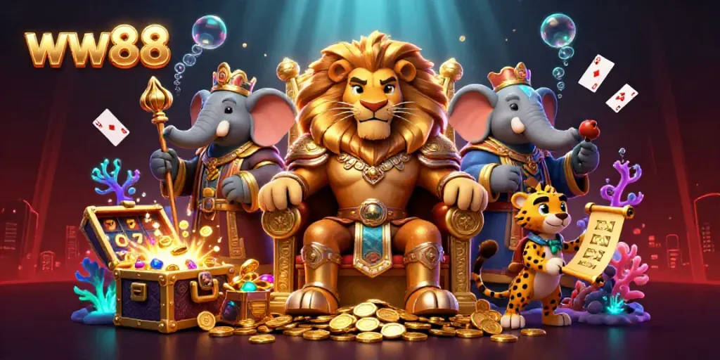 Engage with the vibrant world of ww88's casino featuring a lion king and magic treasures.
