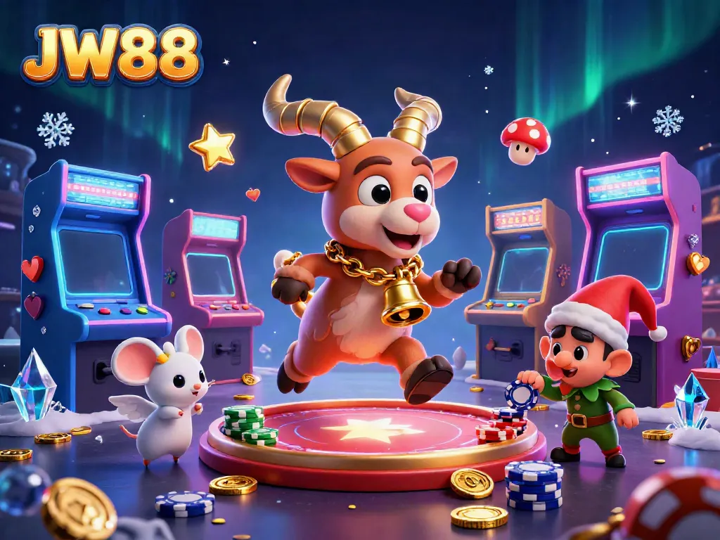 Join the fun at JW88 with a festive casino scene featuring unique characters and gaming elements.