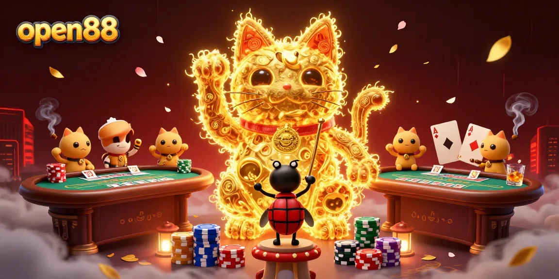 Engage with open88's vibrant gaming scene featuring a giant lucky cat among casino elements.
