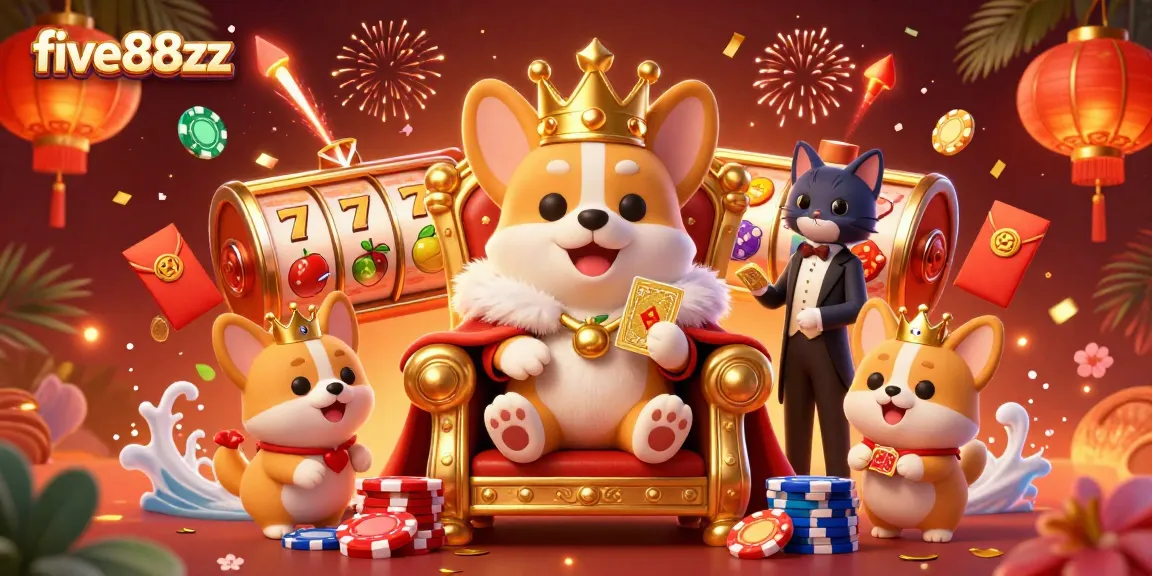 Bet and win big at five88zz with an illustration of a corgi crowned in golden glory amidst vibrant casino elements.