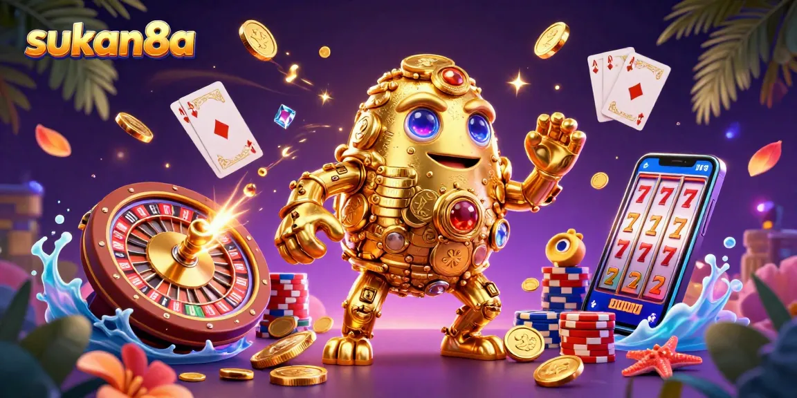Sukan8a illustrates an enchanting casino scene with a golden golem, sparkling gems, and rich game elements.