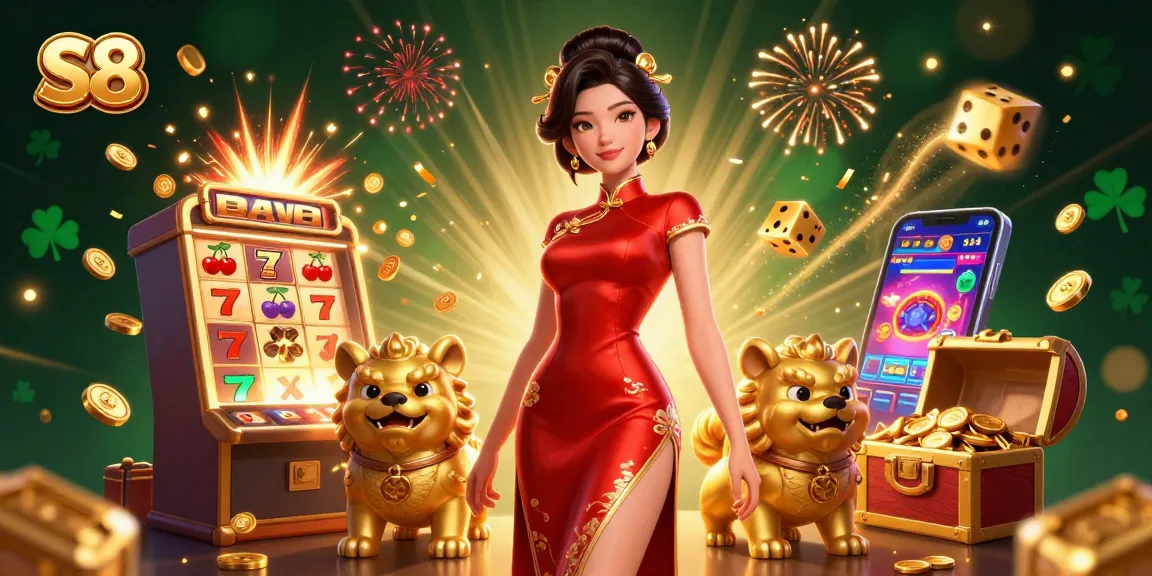 Experience thrilling jackpots at S8, highlighted by a glamorous Asian character and golden foo dogs.
