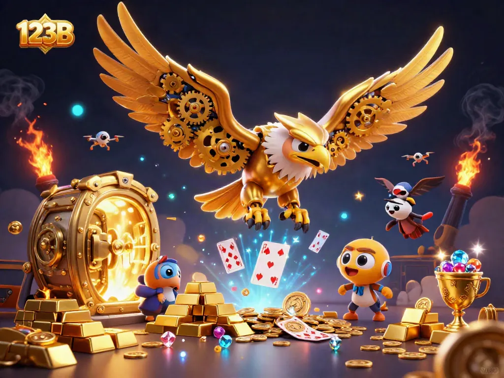 Experience the thrill of betting with 123B, featuring a cybernetic eagle diving through holographic cards and gold treasures.