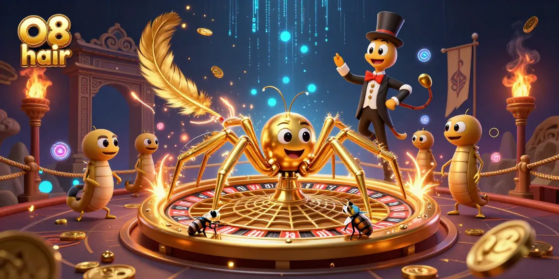 Betting with O8 hair, a vibrant scene featuring a golden spider spinning a roulette wheel web.