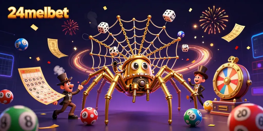 Engage in exciting lottery games with 24melbet's vibrant animated scene featuring a spider and fly.