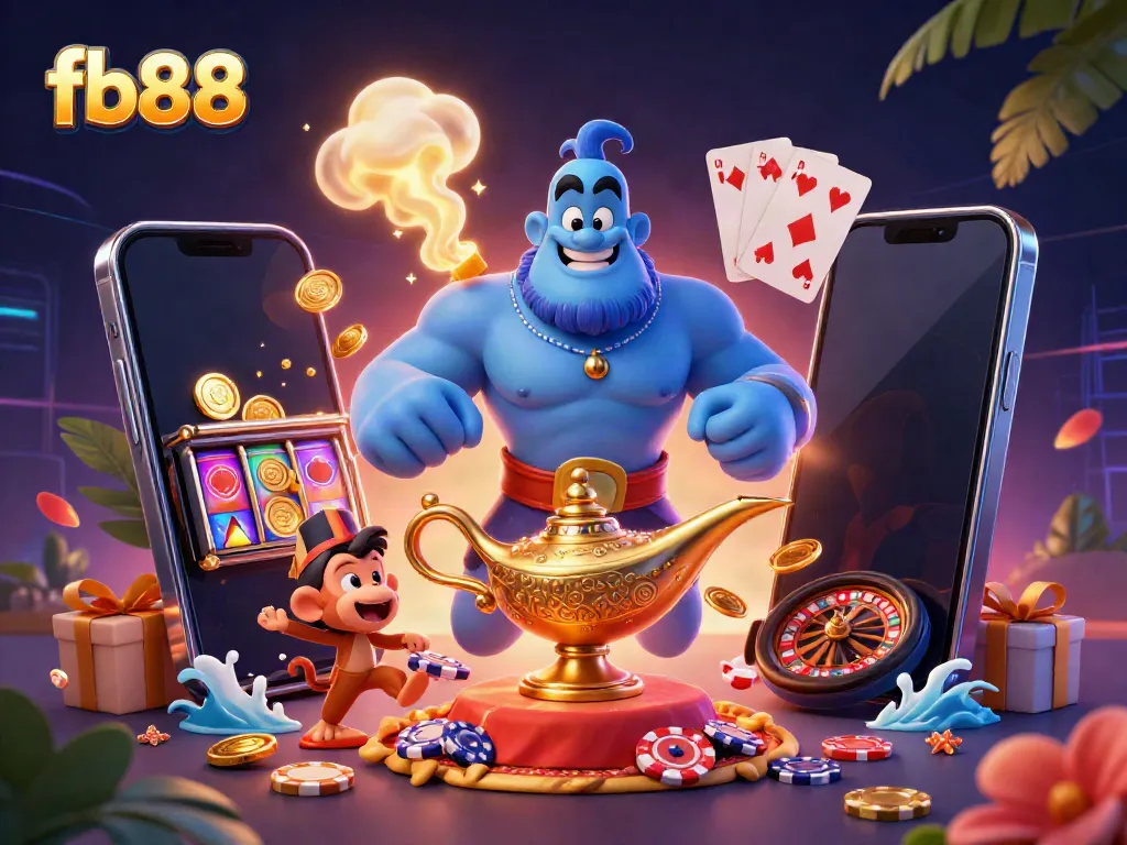 Win big with fb88's vibrant casino atmosphere featuring a genie, monkey, and rewards