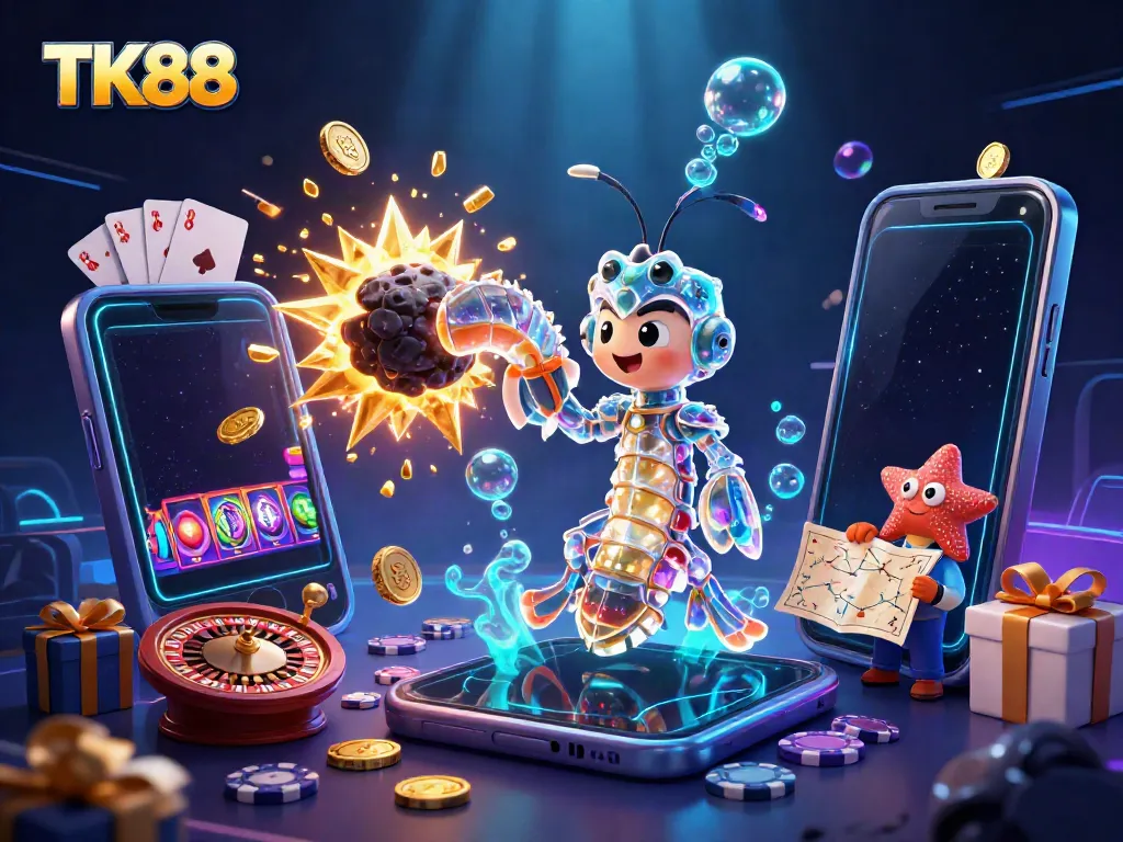 Experience thrilling wins at TK88 with a galactic samurai mantis shrimp amidst slot games and golden treasures.