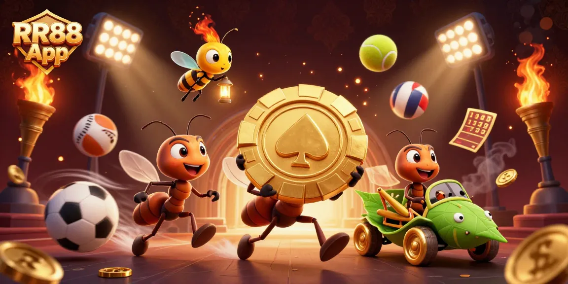 Engage with the RR88 App by exploring an exciting heist performed by cartoon ants carrying a golden chip.